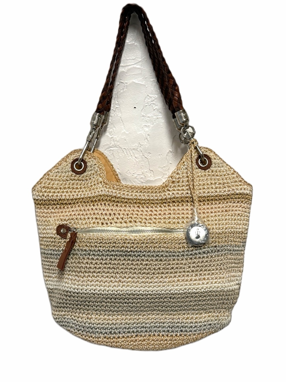 The Sak Beige Gray Crochet Woven Shoulder Bag